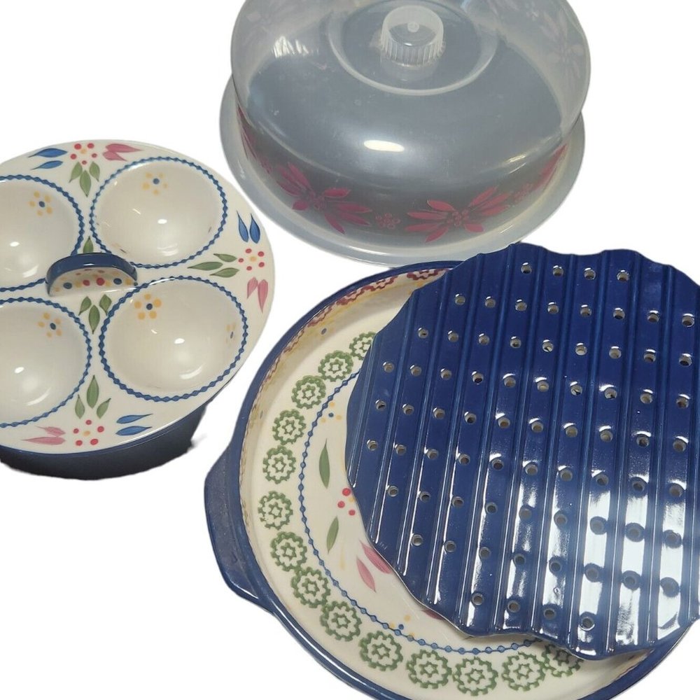 TEMP-TATIONS Tara OLD WORLD Blue Egg Poacher Pie Plate Bakeware Set